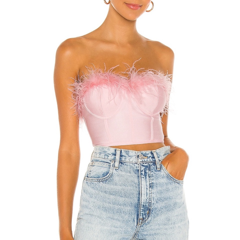 Superdown Ramona Bustier Top in Blush. Pink Feathered Crop Top